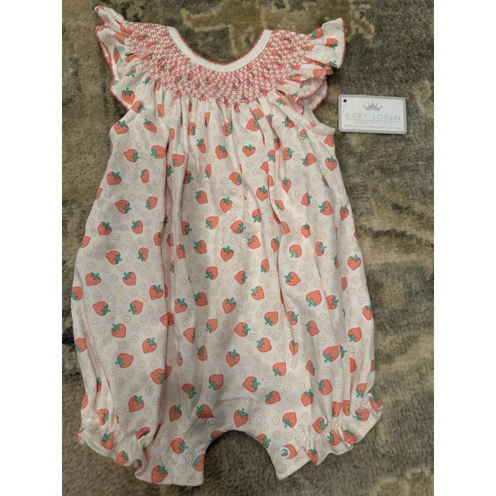 Baby Loren Sz 3-6 Baby Girl Smocked Strawberry Bubble 100% Pima Cotton NWT - Picture 2 of 12